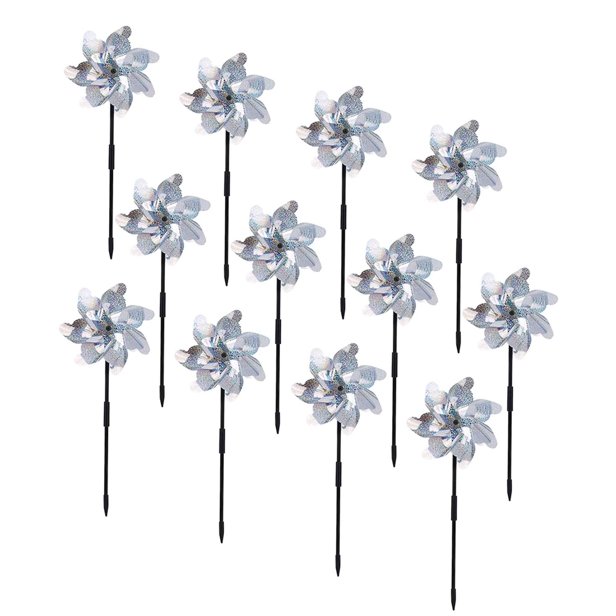 BATTIFE reflective pinwheels yard silver front view highlights shimmering blades and bird deterrence.