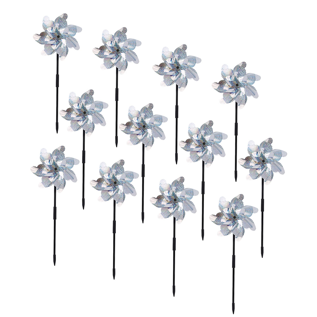BATTIFE reflective pinwheels yard silver front view highlights shimmering blades and bird deterrence.