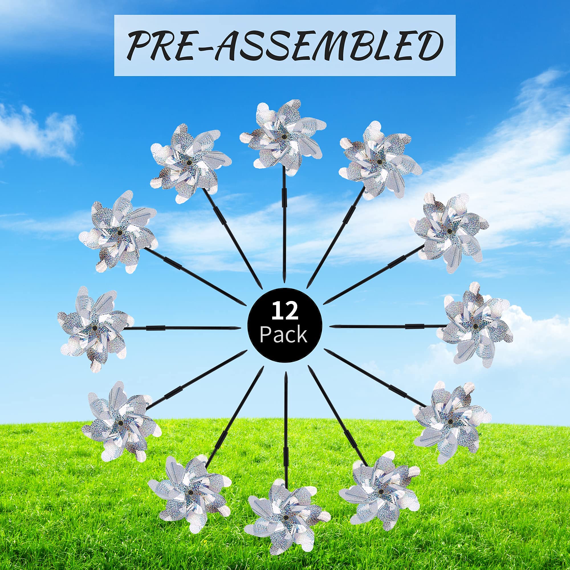 BATTIFE reflective pinwheels yard silver installed height-ready demonstrates easy setup.