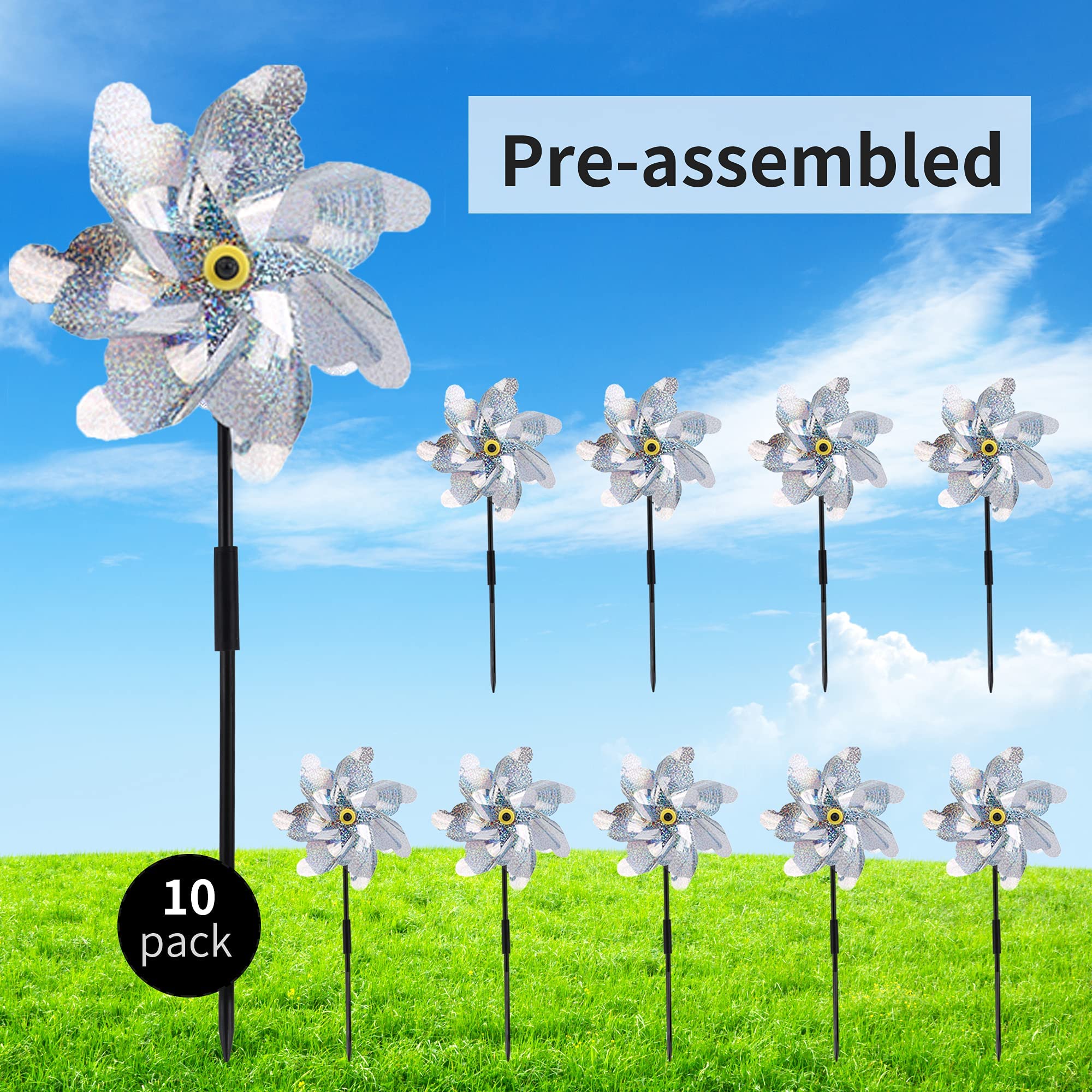 BATTIFE sparkly laser-effect pinwheel silver adds eye-catching shimmer to any yard.