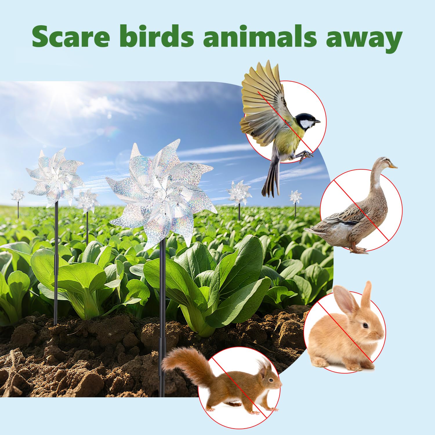 BATTIFE 10-pack pinwheels providing bird deterrence and ornament.