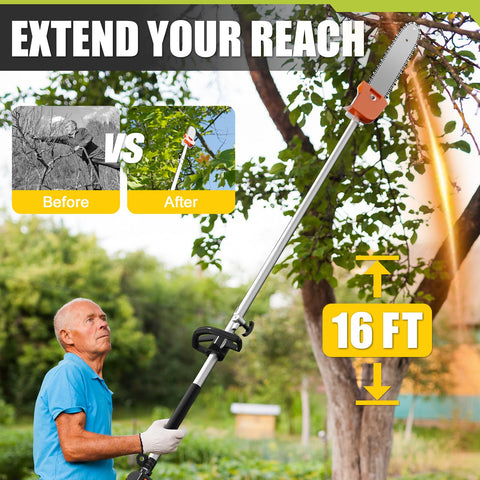 Bavnnro gas-powered pole saw operating cord-free away from outlets.