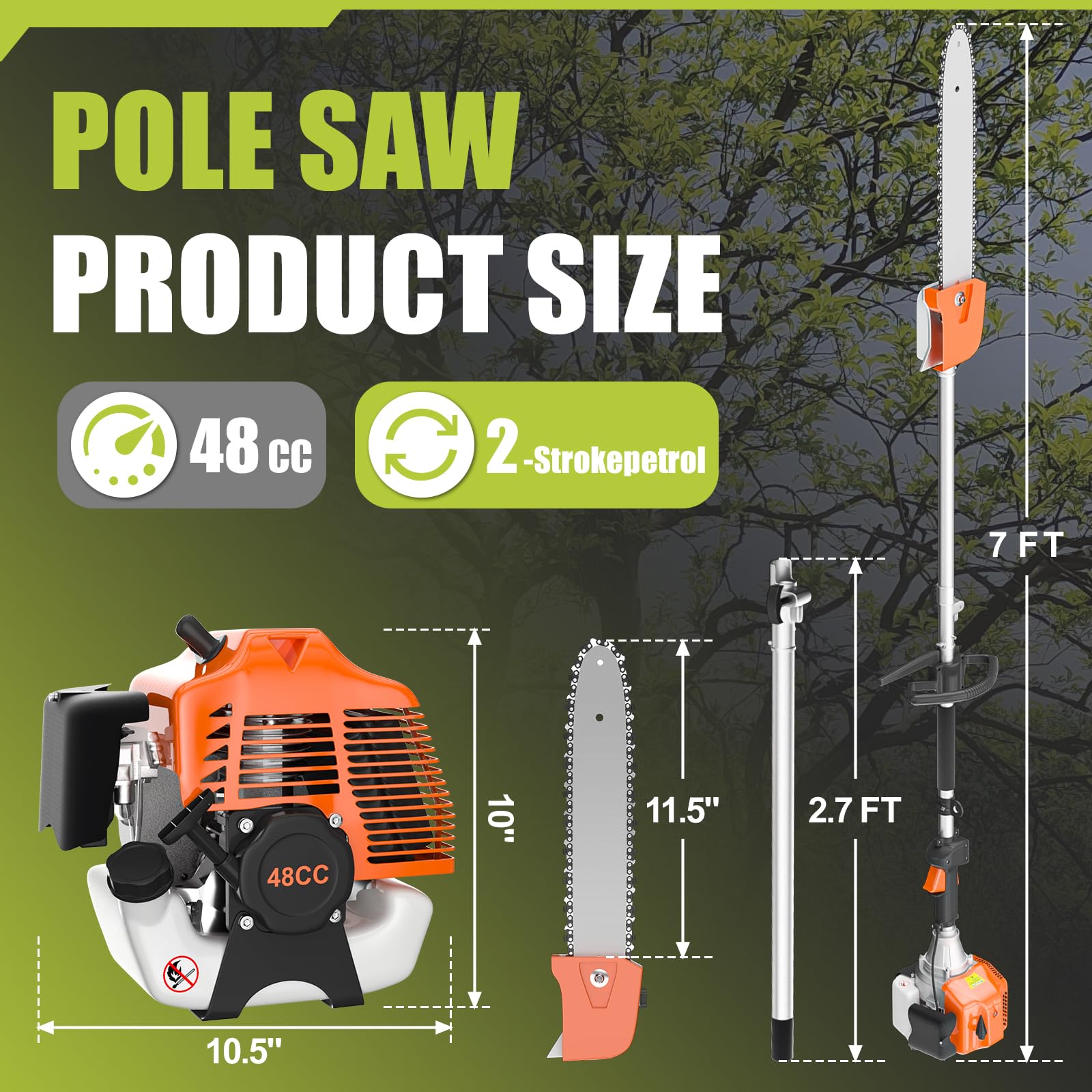 Bavnnro gas-powered pole saw with telescoping pole for extended reach.