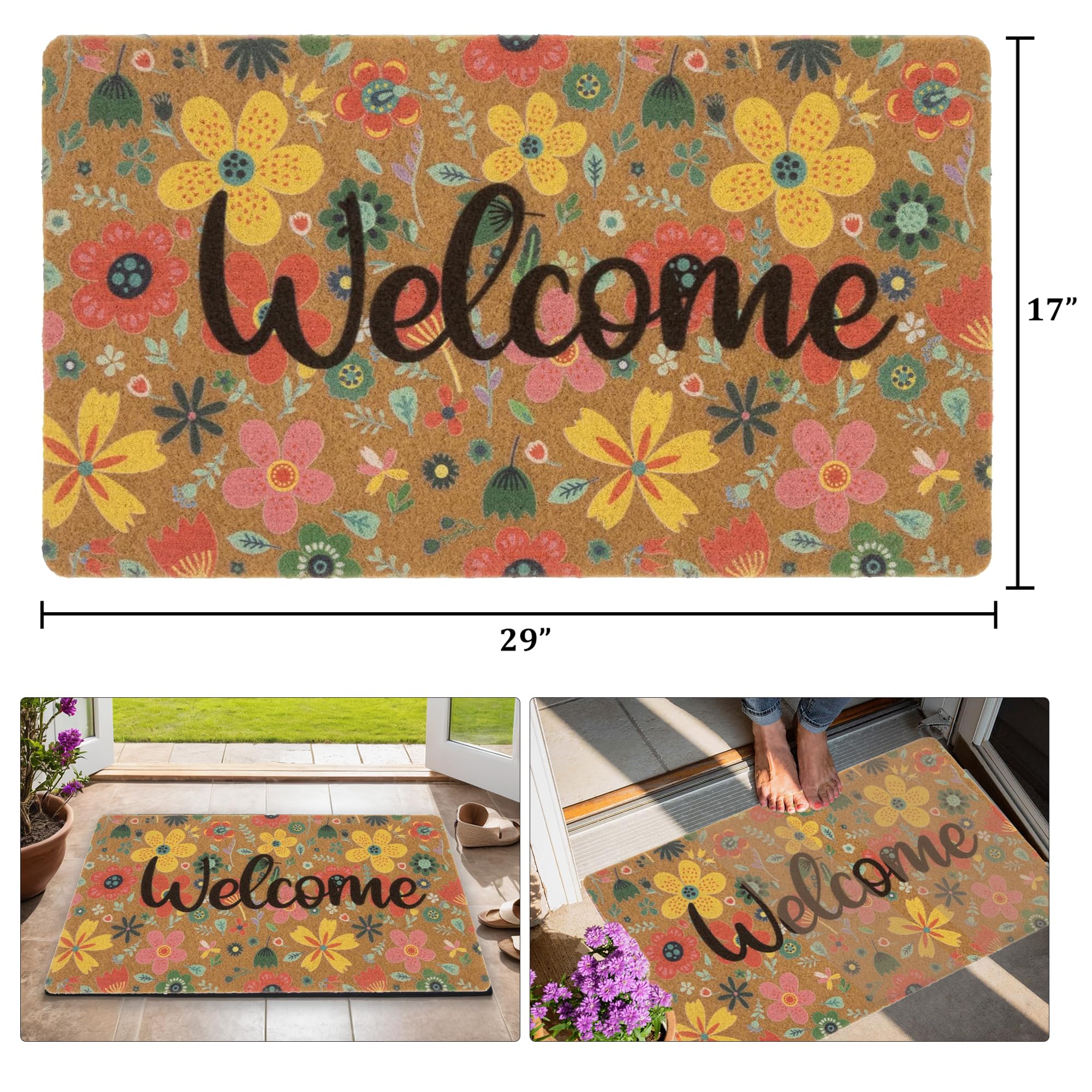 Bawnhaw outdoor porch mat with colorful flowers, inviting entry and reducing outdoor grime.