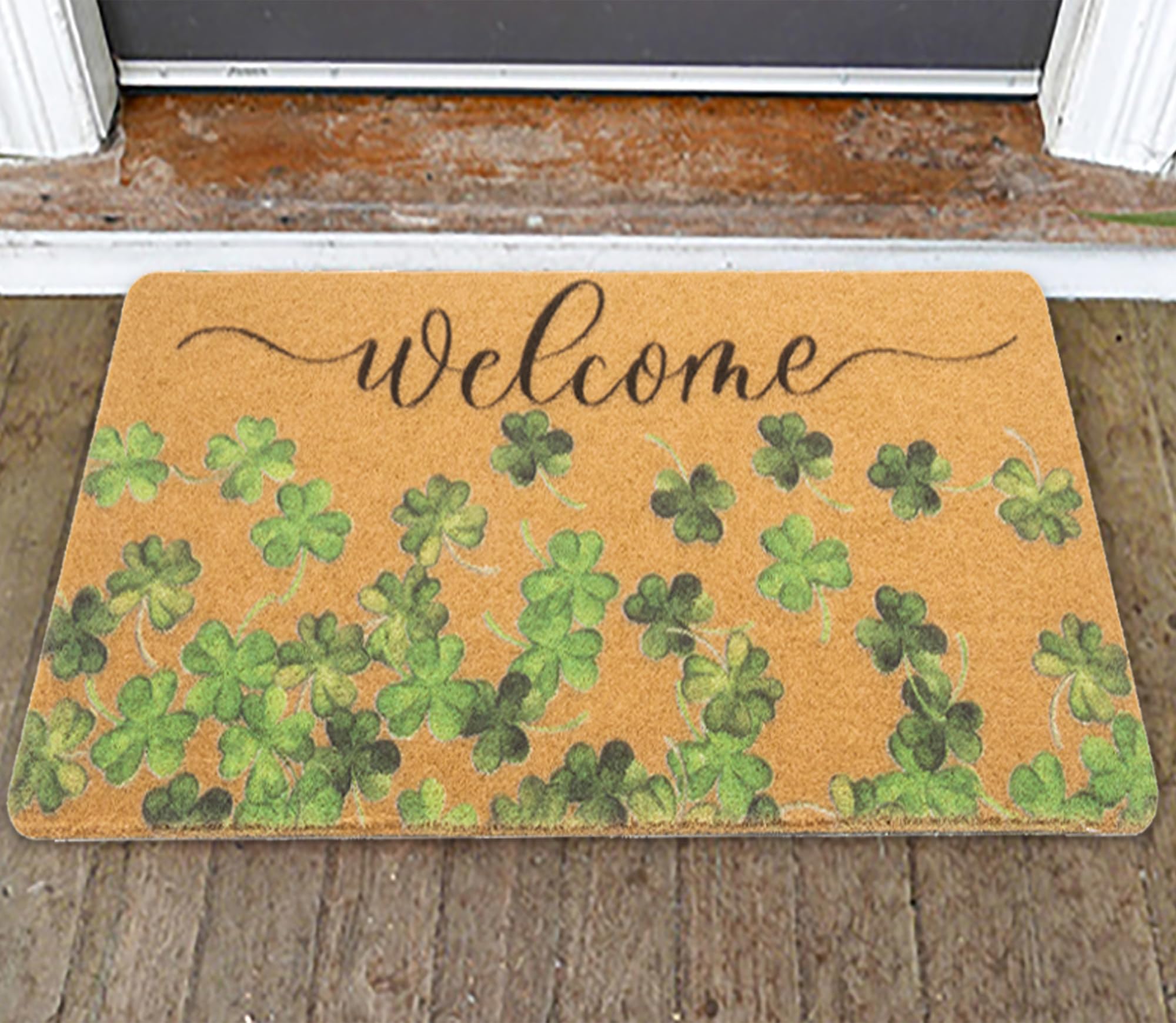Bawnhaw spring-green shamrock print outdoor mat prevents dirt at the doorstep.