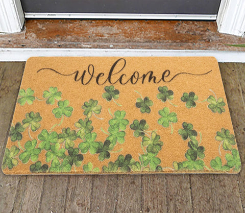 Bawnhaw spring-green shamrock print outdoor mat prevents dirt at the doorstep.