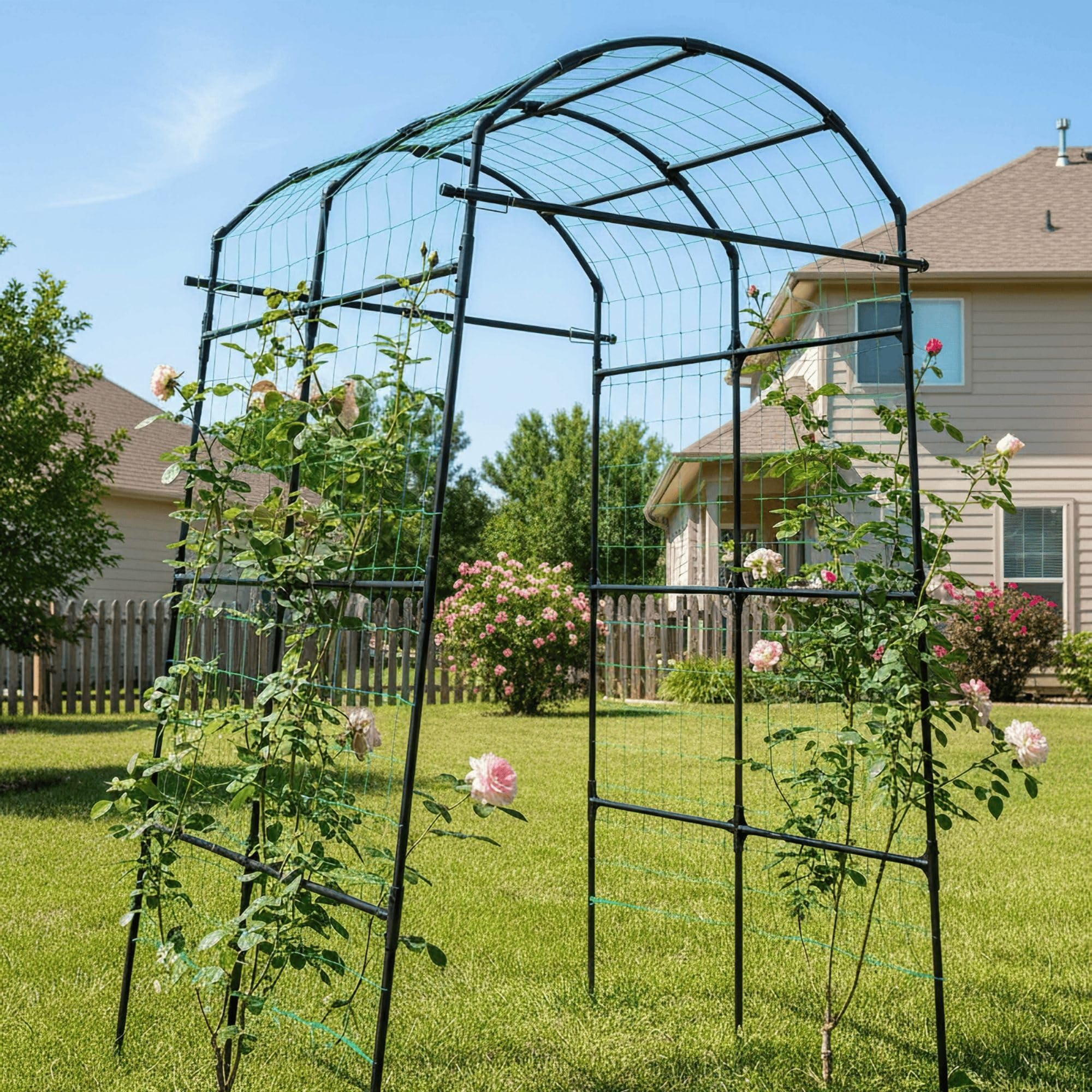 BAXAM arch doubles as a decorative garden accent while supporting climbing plants.