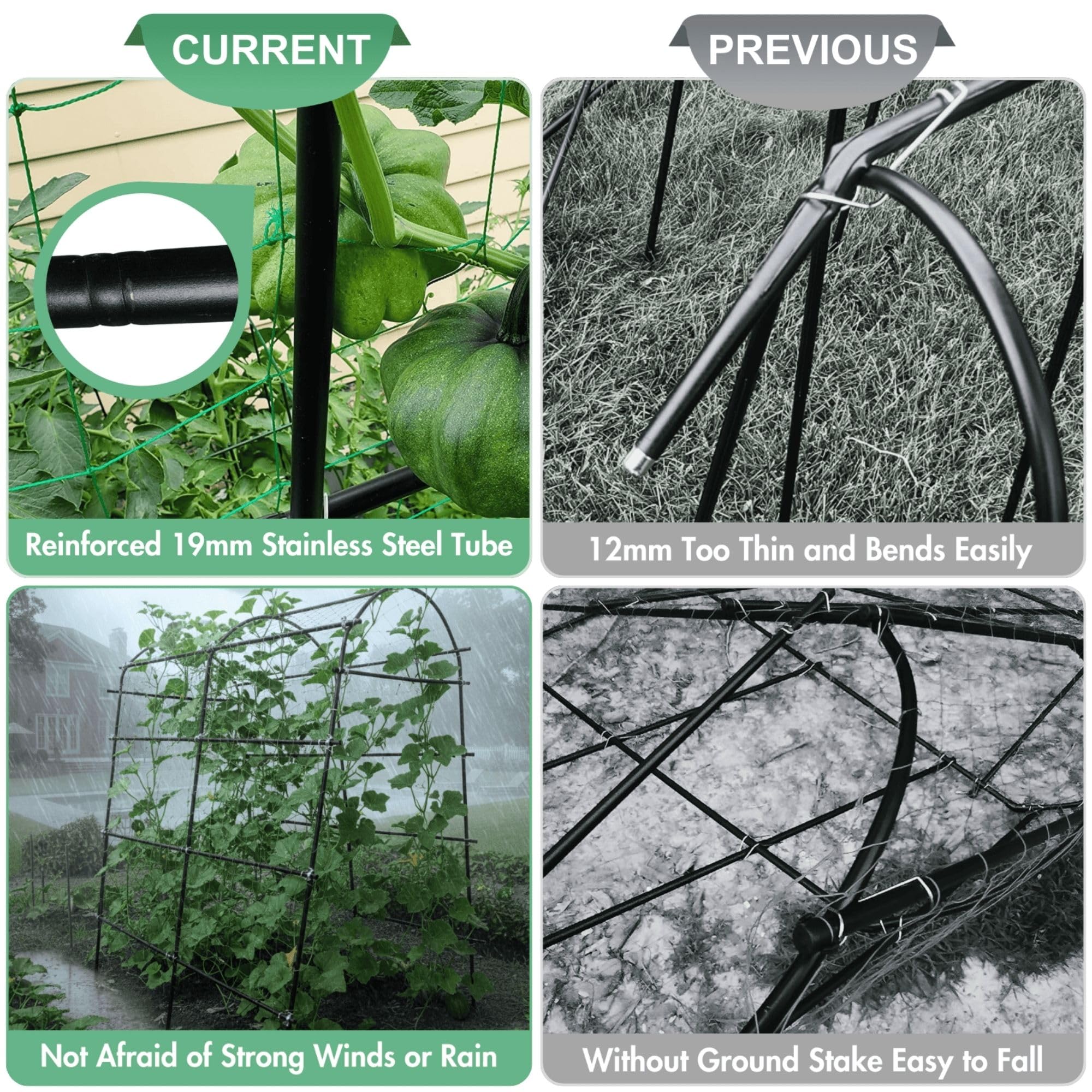 BAXAM detachable deep-soil stakes anchor the arch against wind and movement.