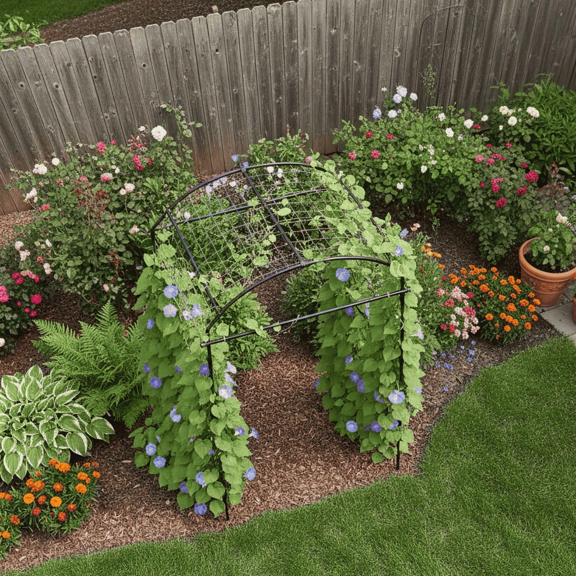 BAXAM outdoor arch blending with patio planters and garden paths