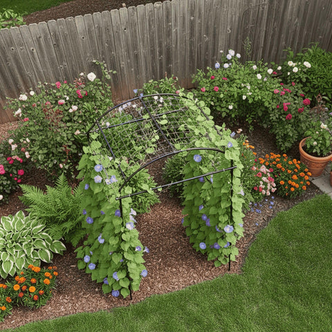 BAXAM outdoor arch blending with patio planters and garden paths