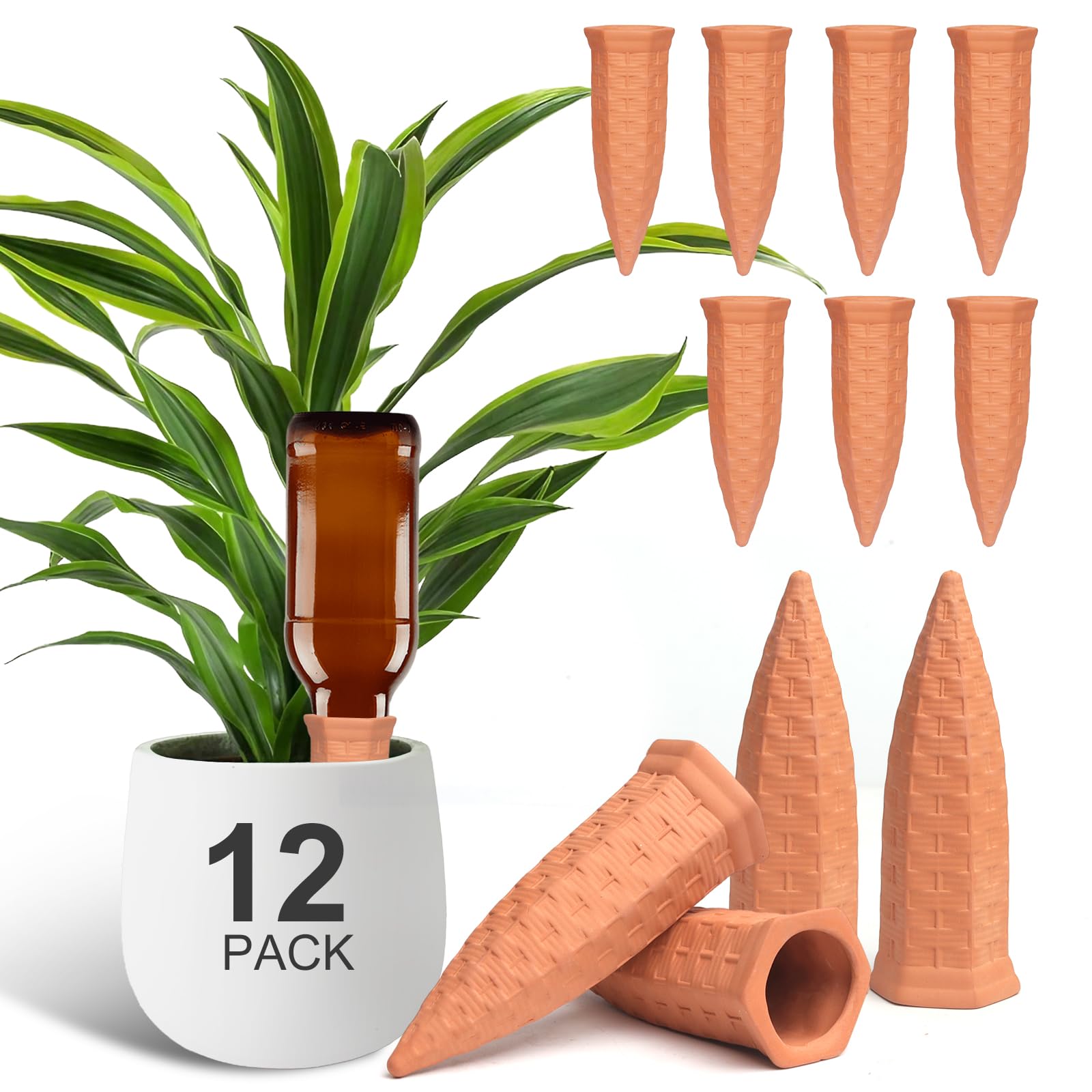 Baxrou terracotta watering spike installed in a pot for steady moisture.