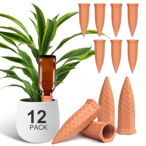 Baxrou terracotta watering spike installed in a pot for steady moisture.