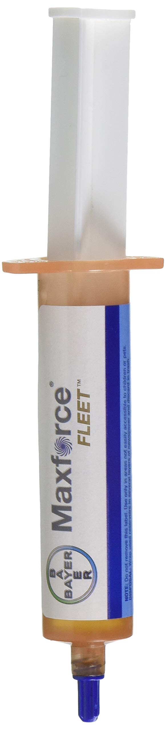 Syringe applies Bayer Max Force Fleet gel into cracks for targeted indoor control.