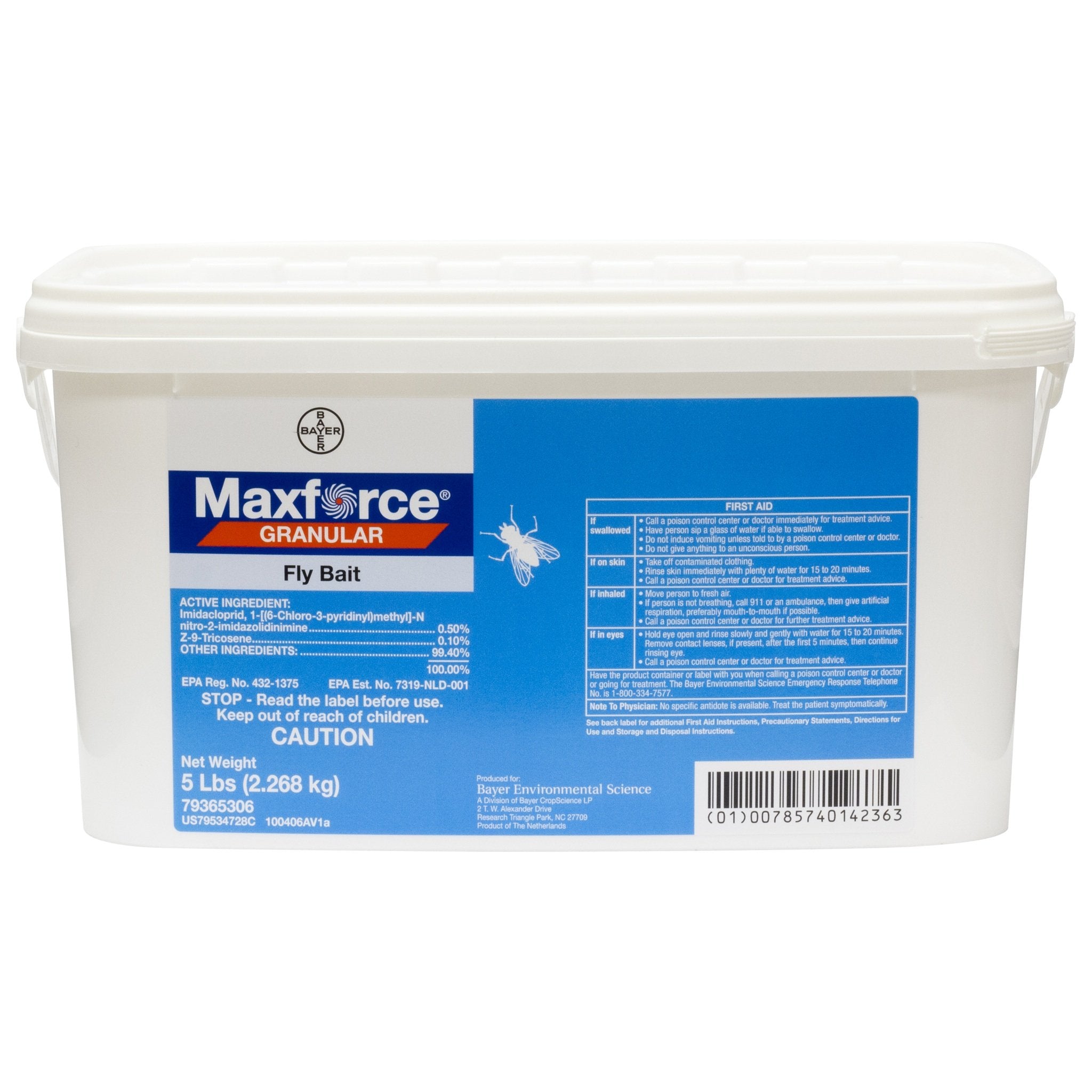 Bayer Maxforce granular fly bait in a 5lb pail provides ongoing fly control