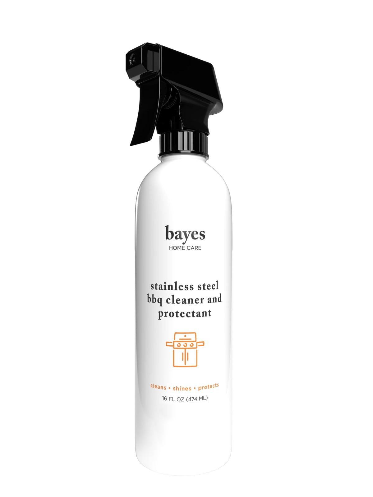 Bayes stainless steel BBQ cleaner bottle demonstrates easy spray application for a clean grill.