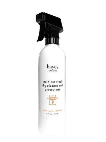 Bayes stainless steel BBQ cleaner bottle demonstrates easy spray application for a clean grill.