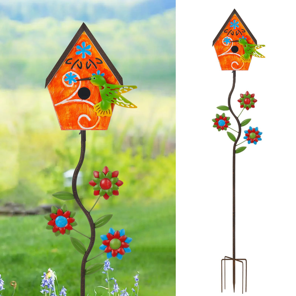Bayn 51-inch orange hummingbird birdhouse stake attracts small birds to your garden.