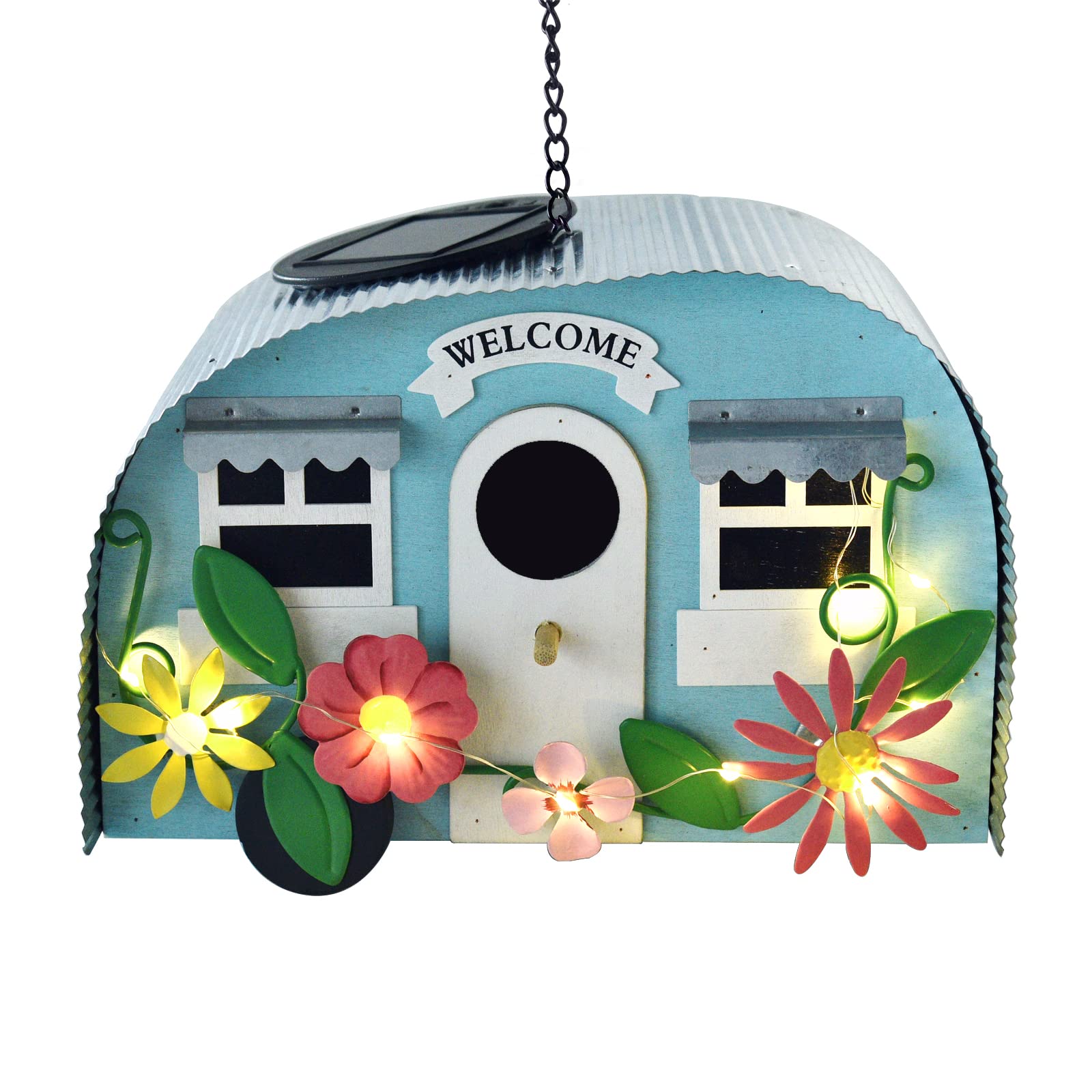 BAYN outdoor bird house in camper style with LED lights lighting the garden at night