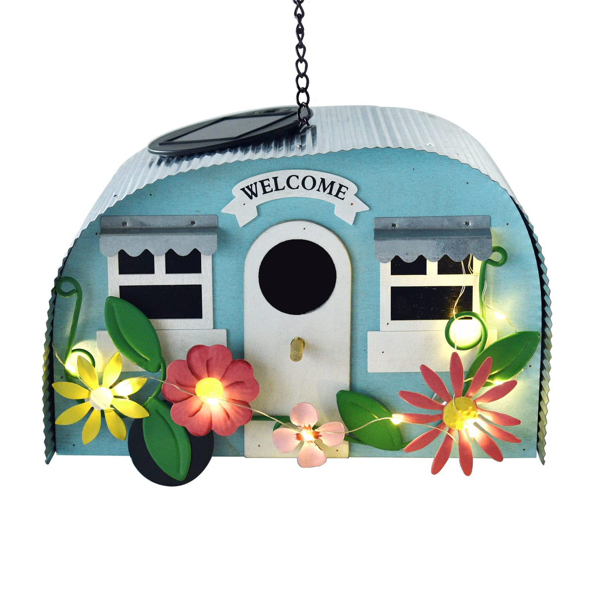 BAYN outdoor bird house in camper style with LED lights lighting the garden at night