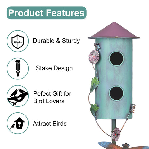 BAYN birdhouse stake's distressed iron finish adds antique outdoor appeal.
