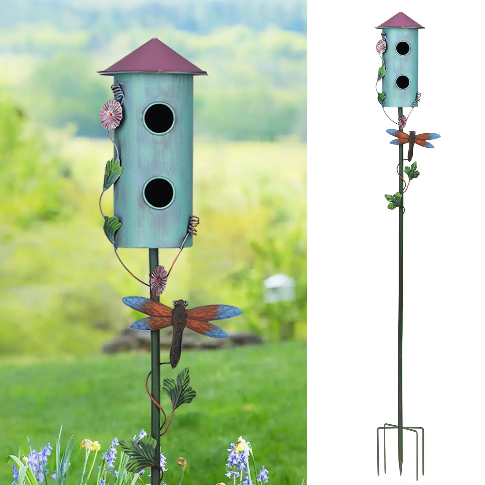 BAYN birdhouse stake with blue cylinder and cone roof draws small birds to your yard.