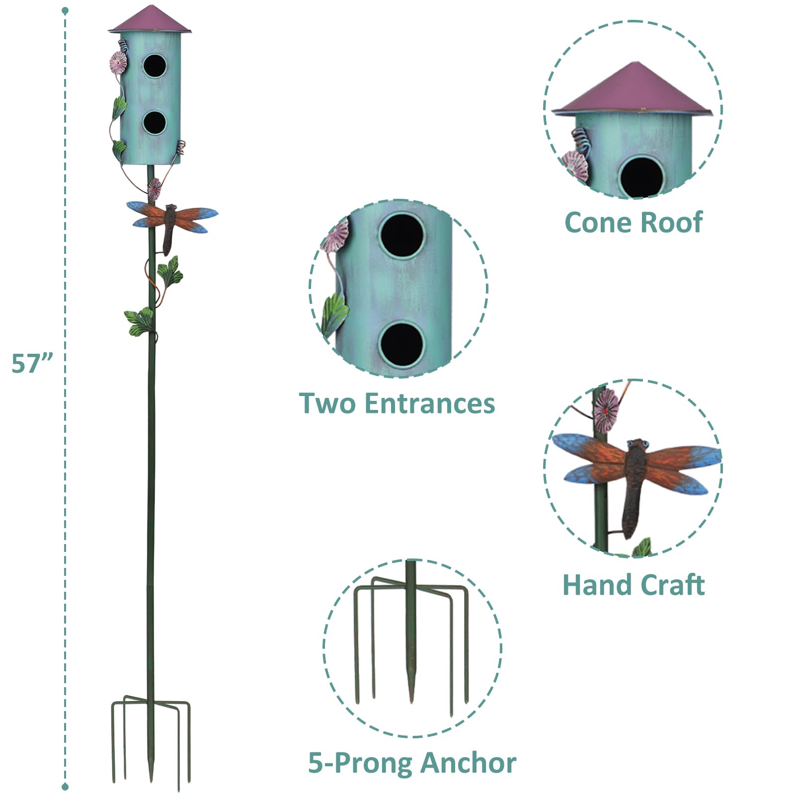 BAYN birdhouse stake features five-prong base for stable garden installation.