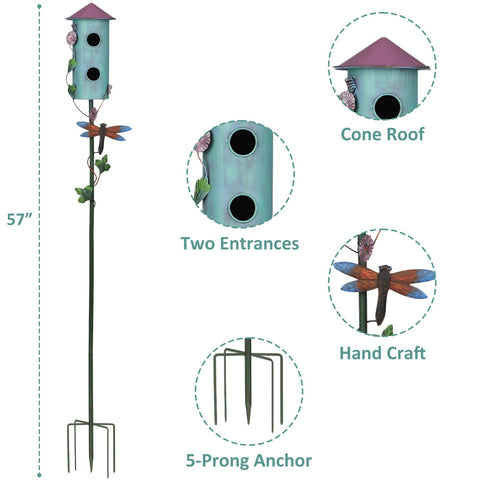 BAYN birdhouse stake features five-prong base for stable garden installation.