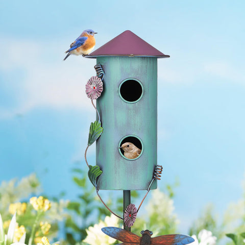 BAYN birdhouse stake dragonfly and leaves add charm to outdoor decor.