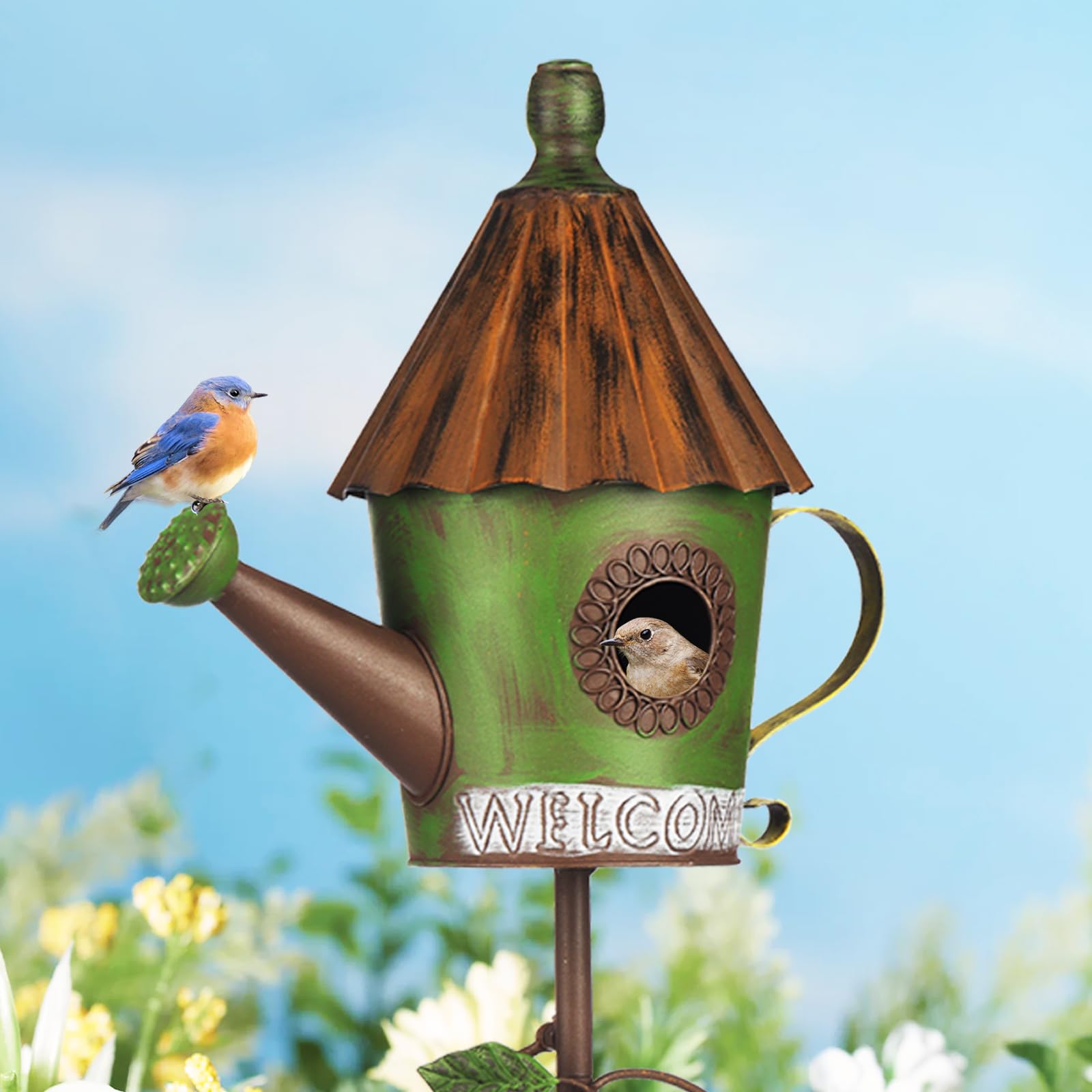 BAYN metal watering-can birdhouse stake provides durable garden décor
