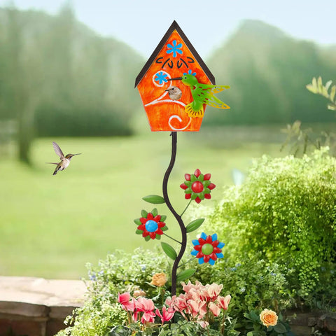 Bayn orange birdhouse with floral details adds color to patios and backyards.