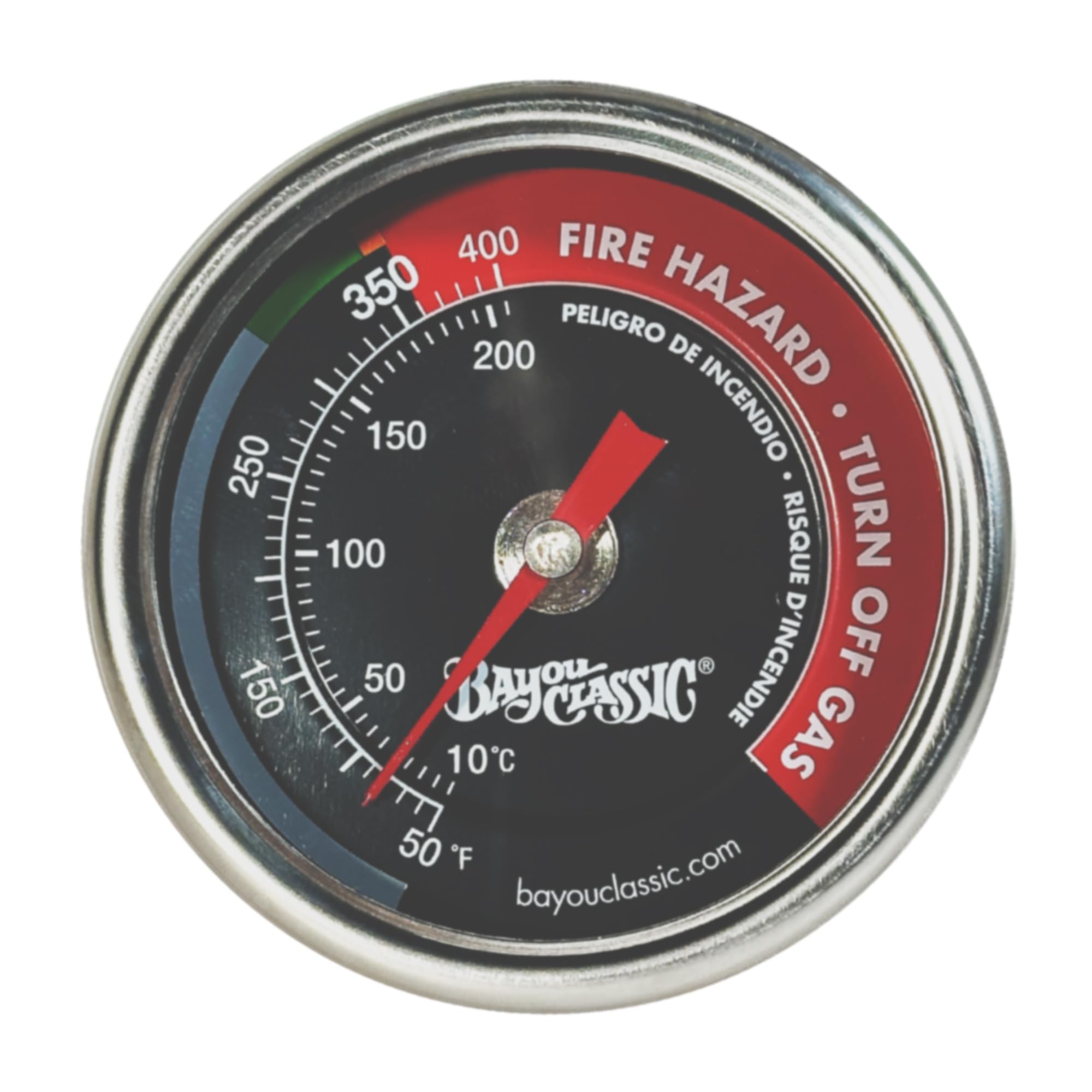 Bayou Classic 5070 fryer thermometer with stainless steel body and clear dial for accurate oil temps.