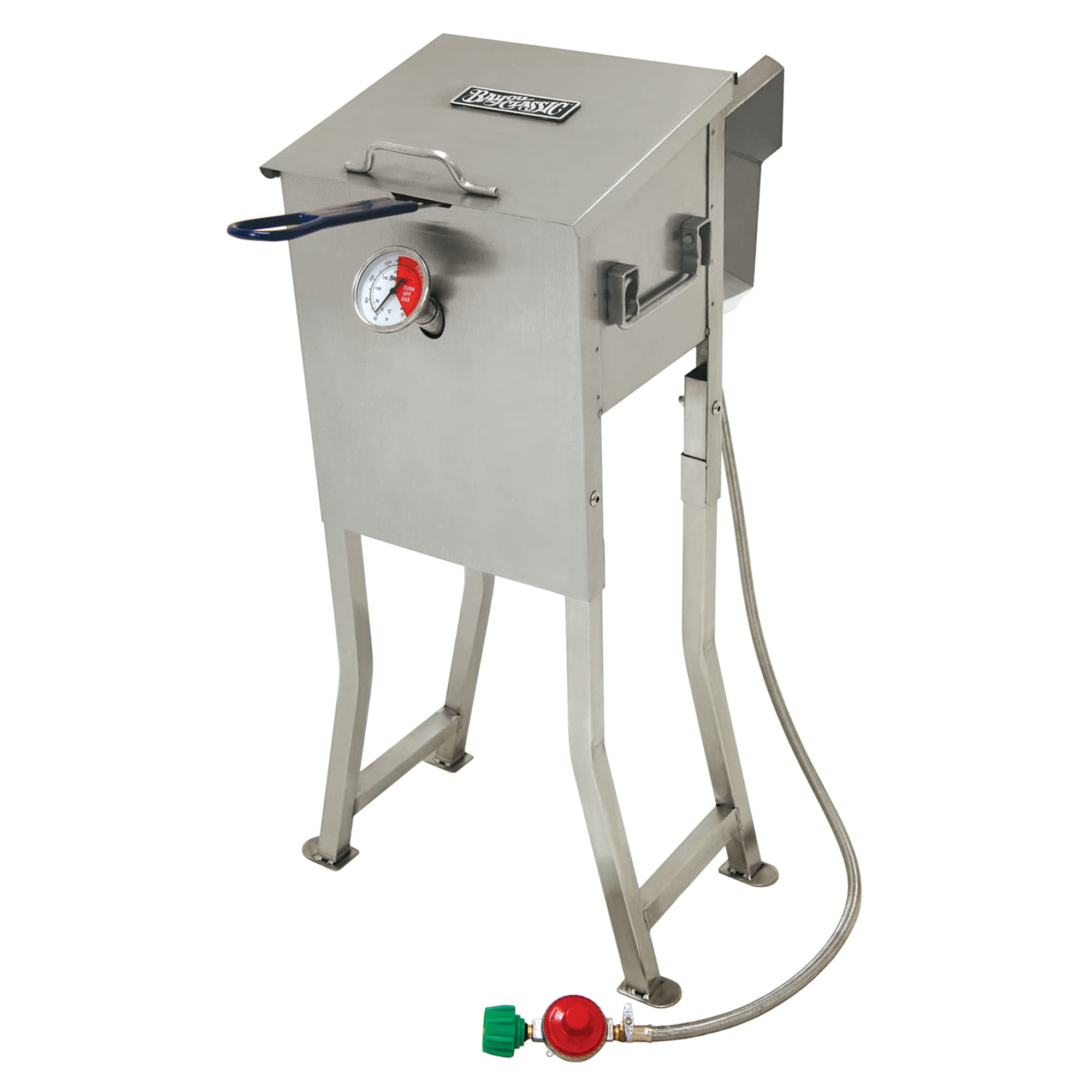 Bayou Classic 700-725 fryer free-standing setup for backyard frying.