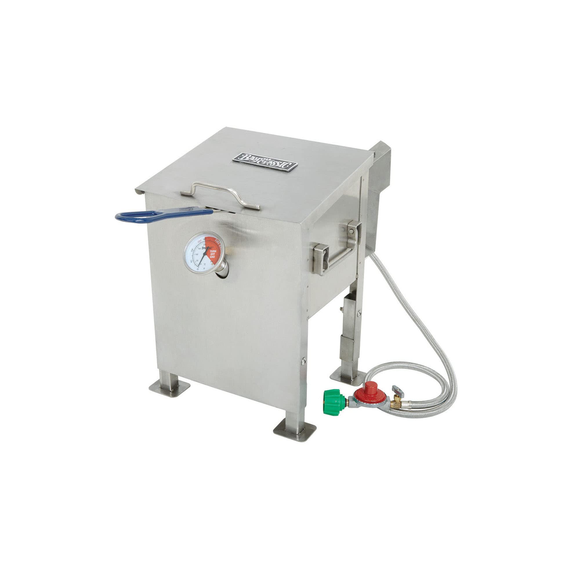 Bayou Classic 700-725 fryer tabletop use for compact outdoor cooking.