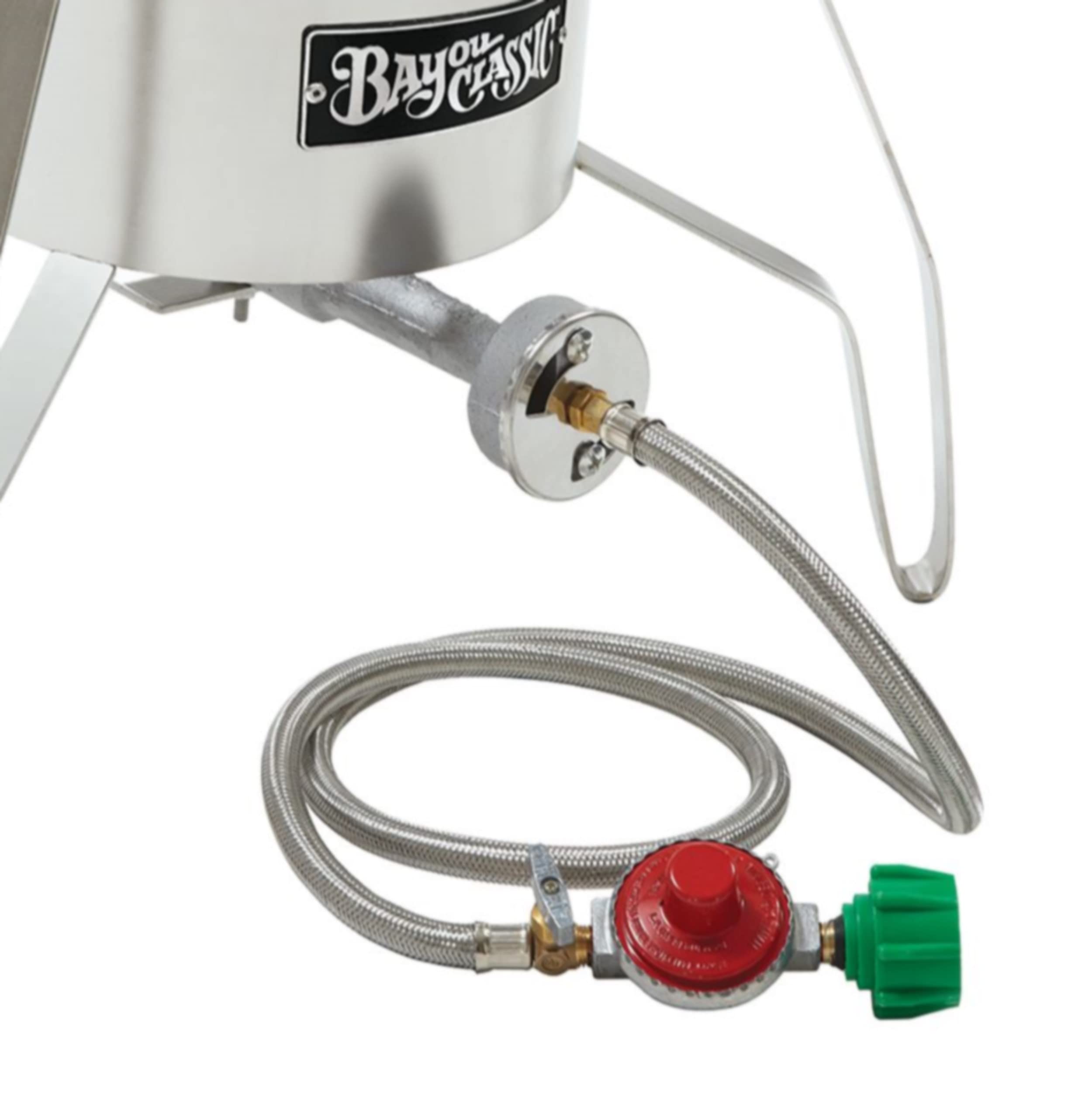 Bayou Classic 10 PSI regulator with brass valve enables precise flame control on grills and fryers