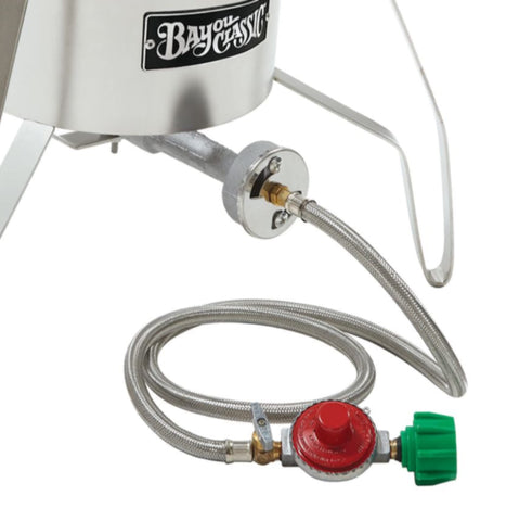 Bayou Classic 10 PSI regulator with brass valve enables precise flame control on grills and fryers