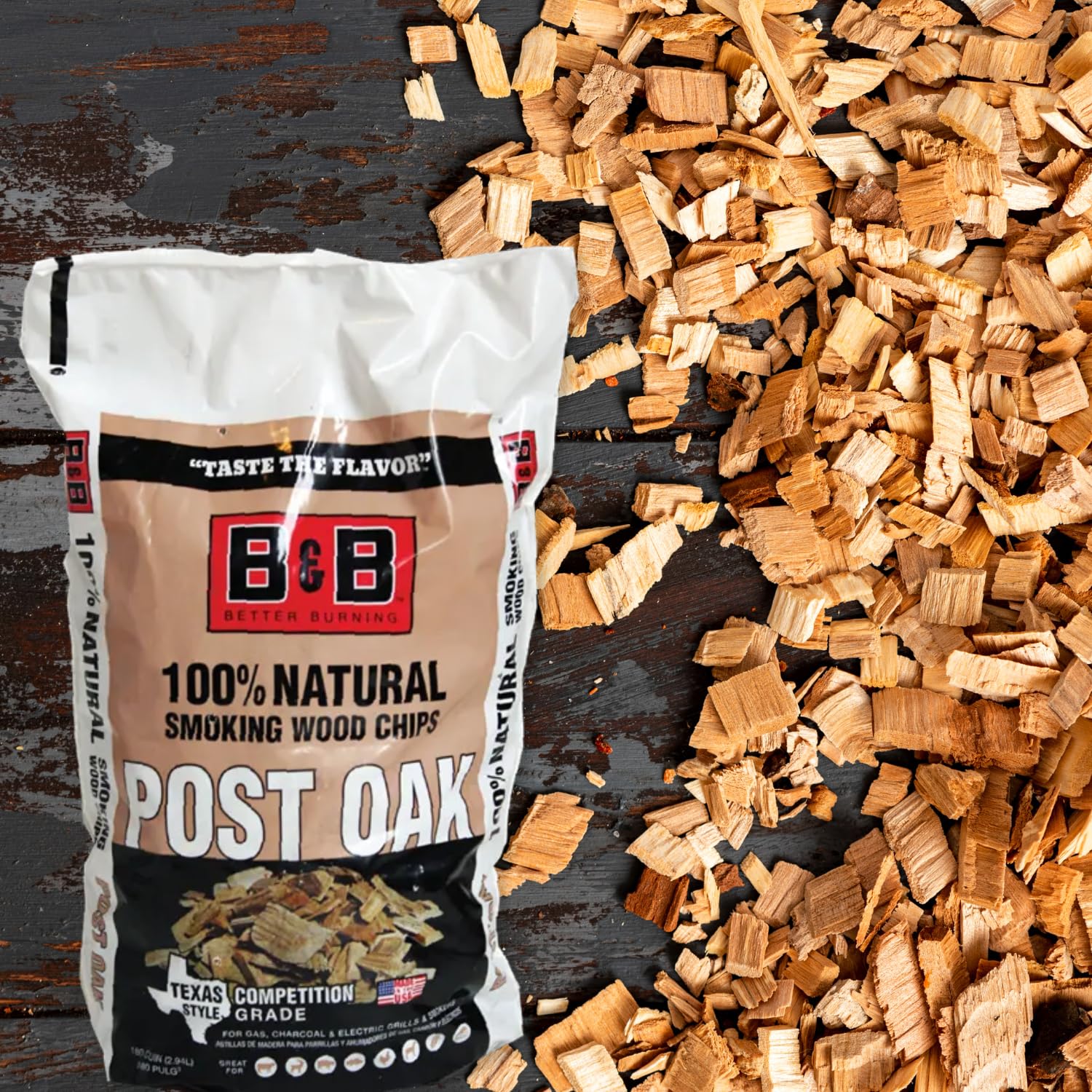 B&B Charcoal smoking chips in smoker tray, delivering balanced post oak smoke