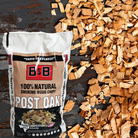 B&B Charcoal smoking chips in smoker tray, delivering balanced post oak smoke