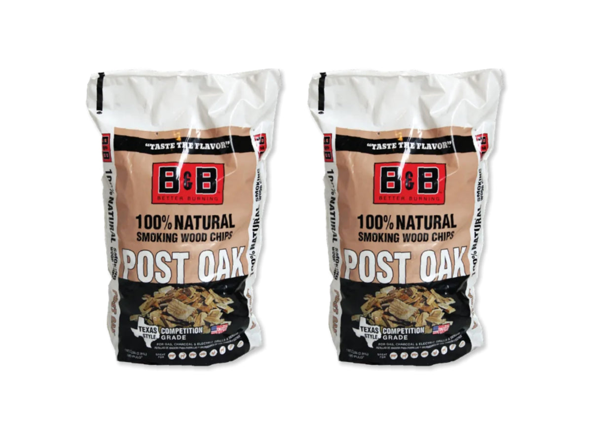 B&B Charcoal Smoking Chips 2-Pack, front view, ideal for authentic post oak smoke on beef