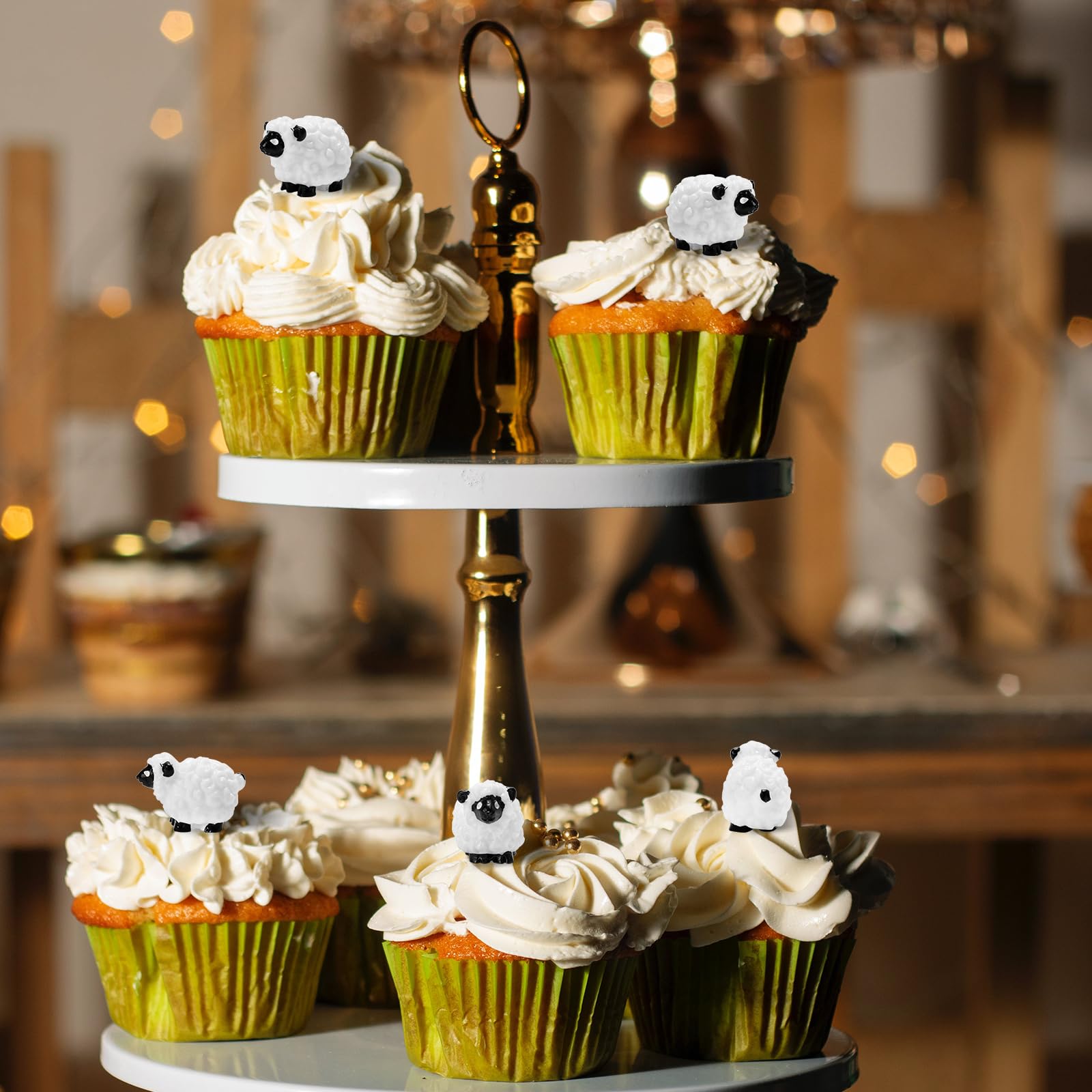 Bbiamsleep miniature sheep toppers enhance rustic birthday cake displays.