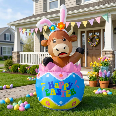 BBIOC 5ft Easter Highland cow inflatable on egg for festive outdoor display