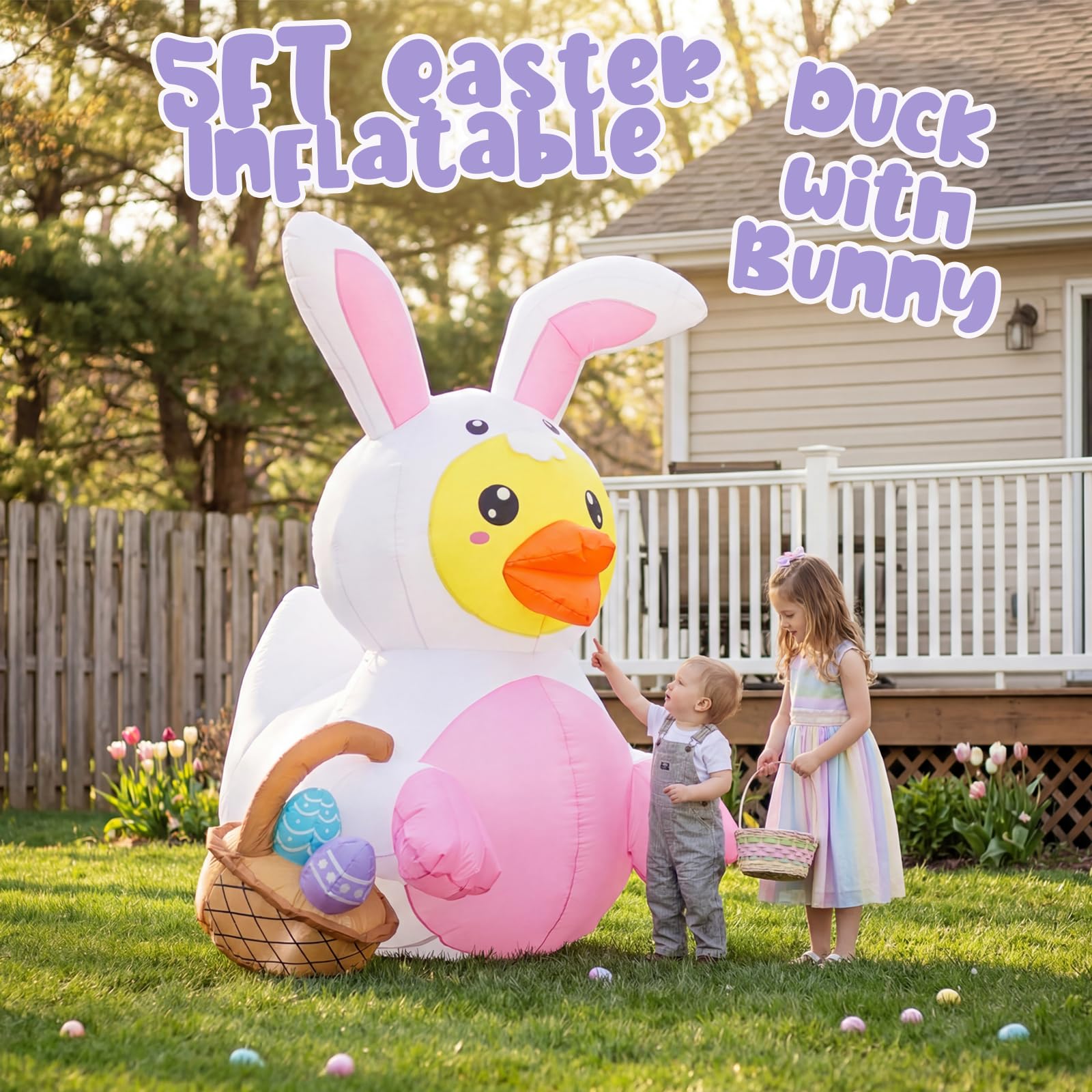 Close-up of Bbioc Easter duck with eggs basket for yard decor