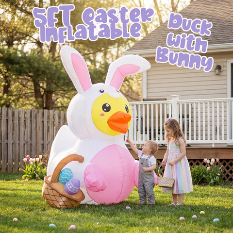 Close-up of Bbioc Easter duck with eggs basket for yard decor