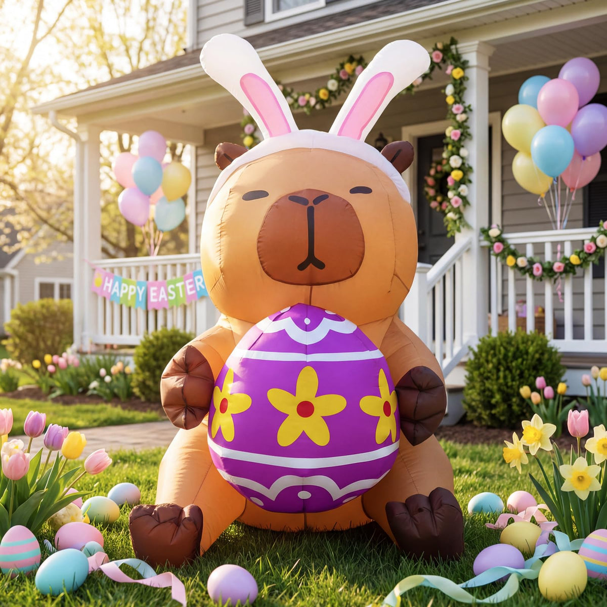 bbioc Easter inflatable capybara with eggs brightens yards for festive outdoor display.