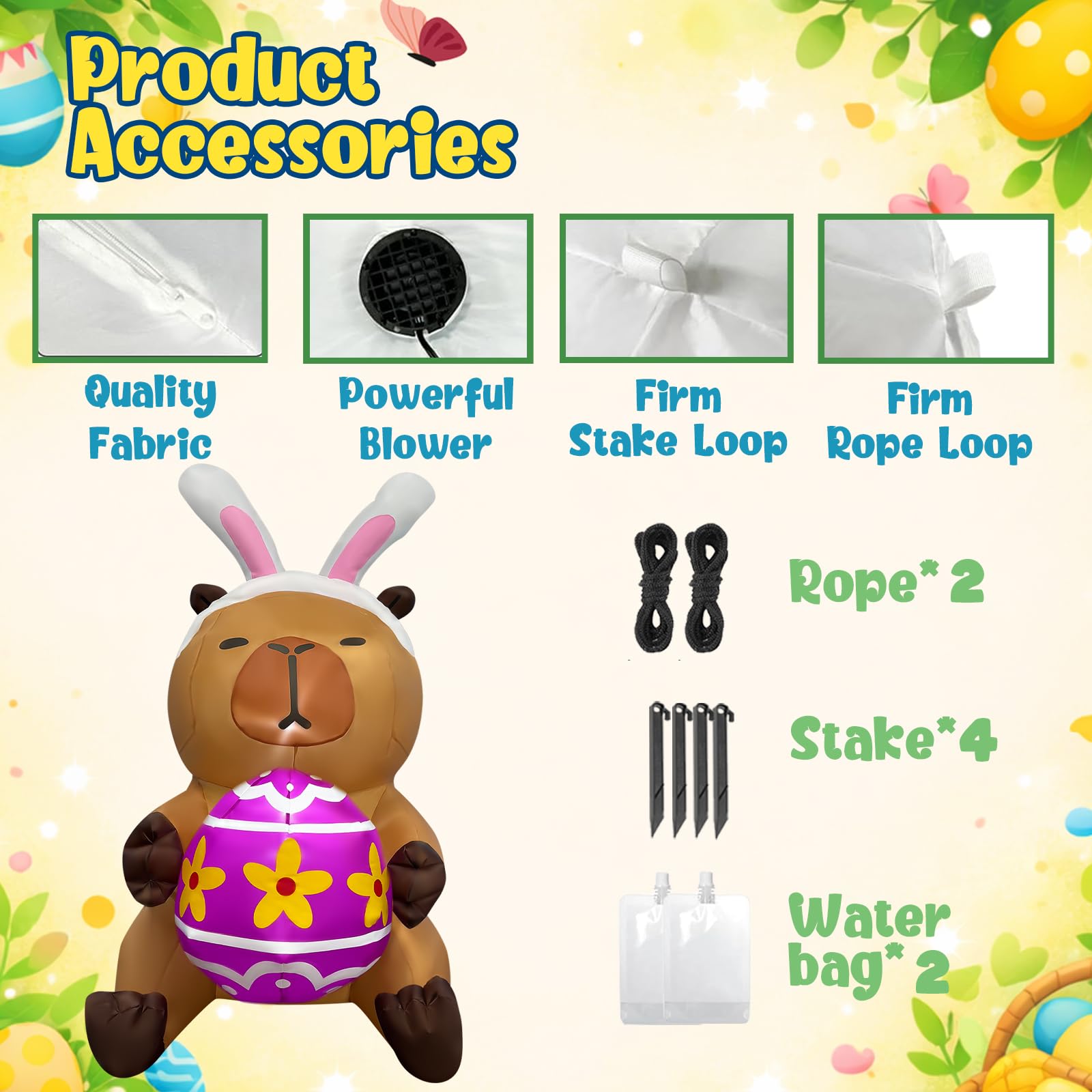 bbioc waterproof capybara Easter inflatable uses durable material for sun and rain resistance.