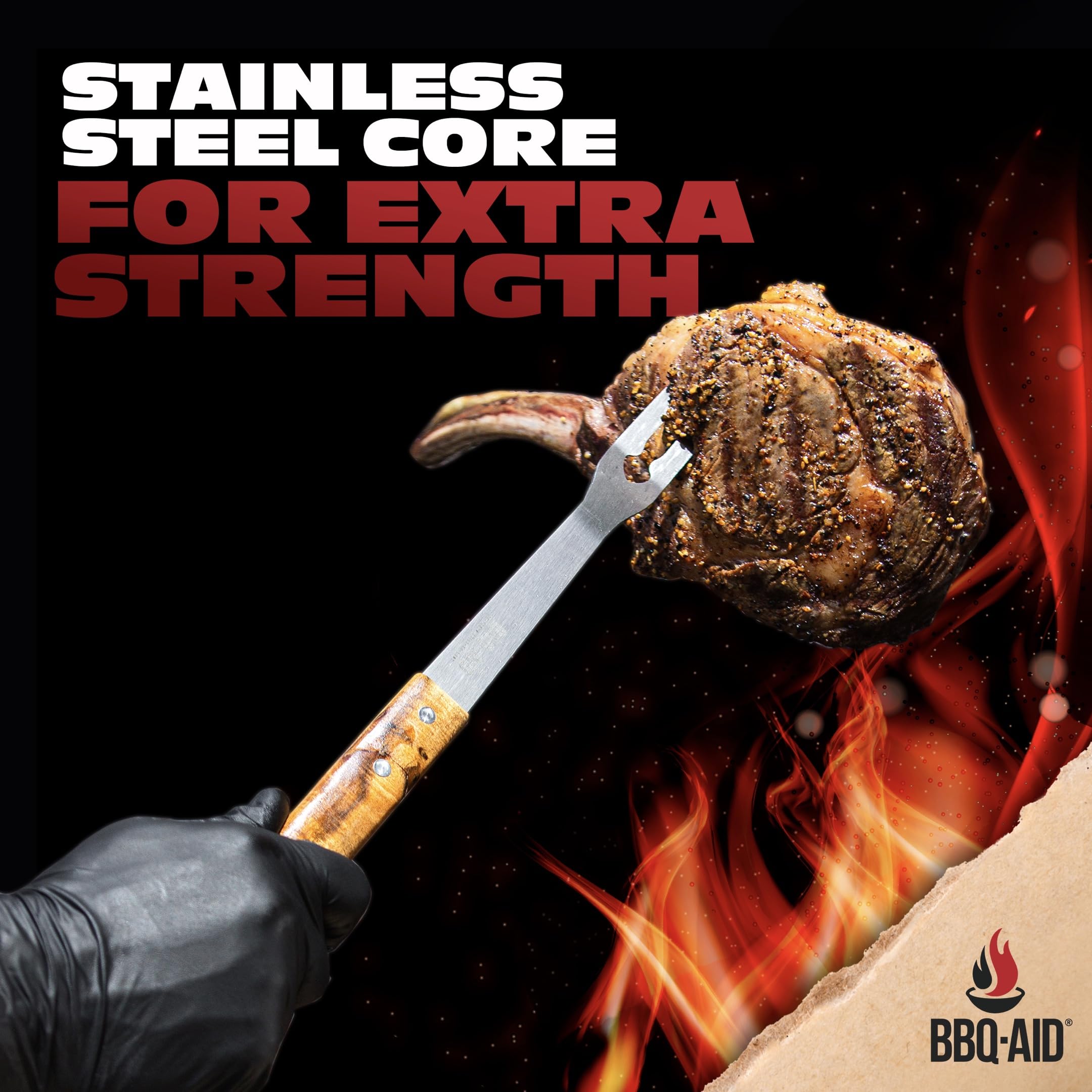 BBQ-Aid 3-piece set on grill highlights a complete outdoor cooking toolkit.