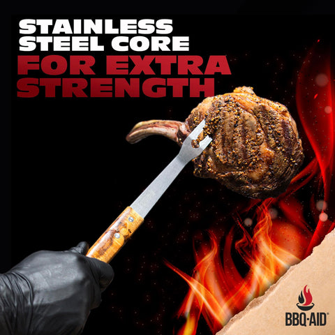 BBQ-Aid 3-piece set on grill highlights a complete outdoor cooking toolkit.