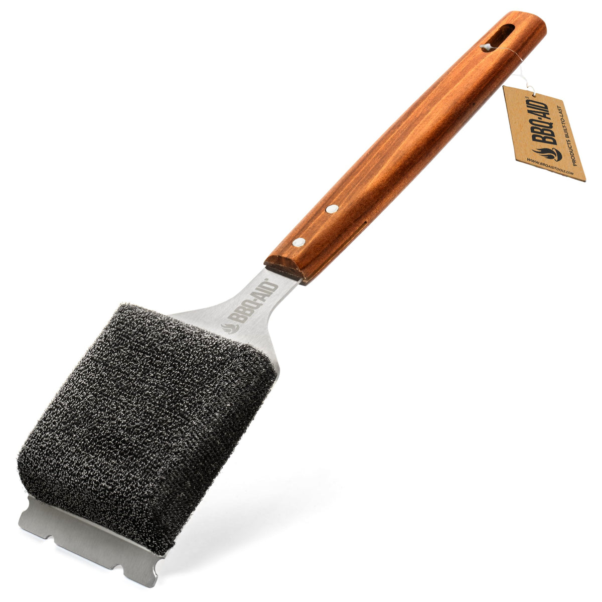 BBQ-AID bristle-free brush with wooden handle for safe, thorough grill cleaning.