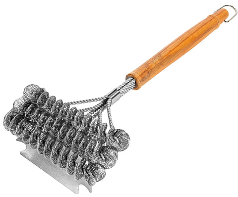 BBQ-AID 18-inch bristle-free grill brush in action, removing residue safely.