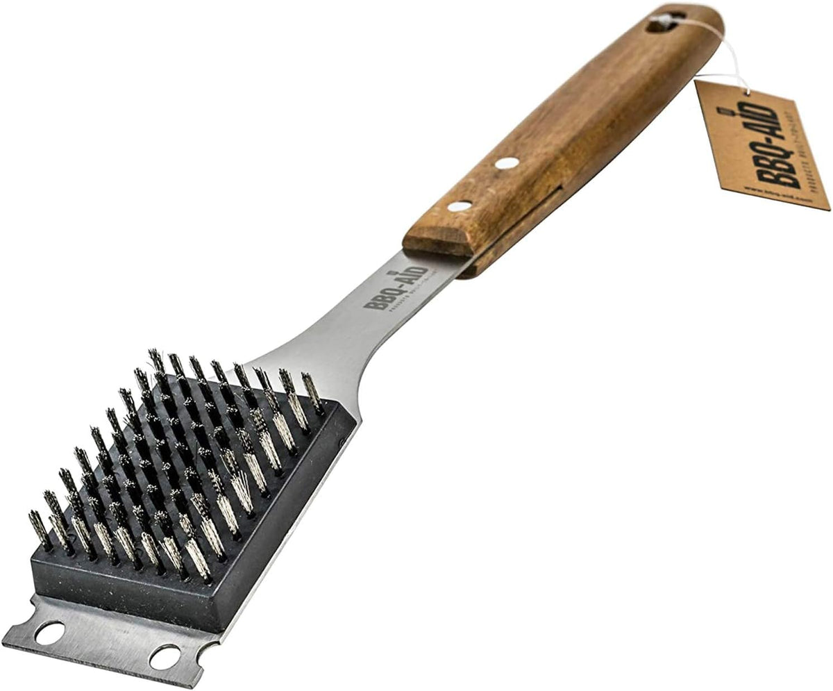 BBQ-Aid grill brush with wooden handle for easy no-scratch cleaning of outdoor grills.