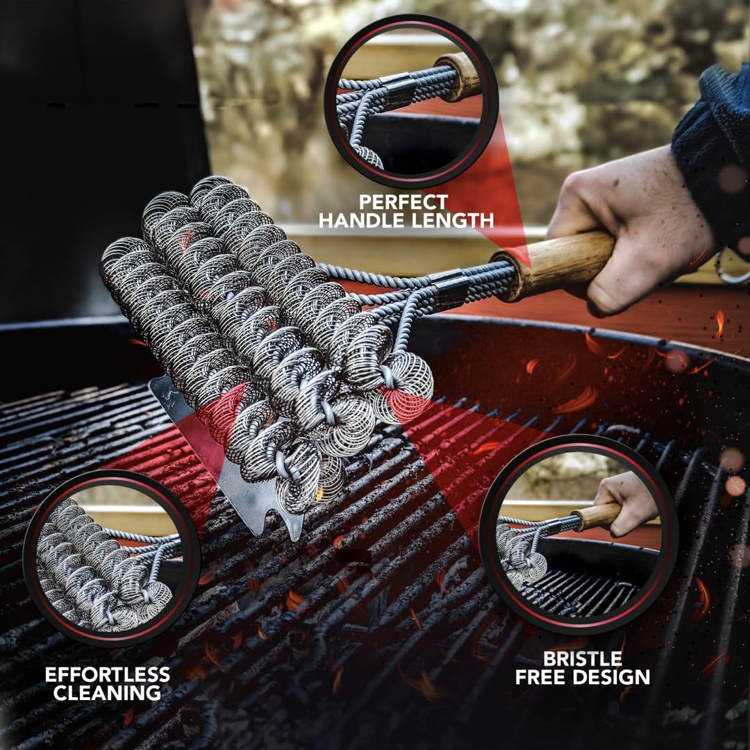 BBQ-AID 17-inch grip keeps hands away from heat during cleaning.